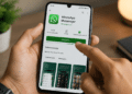Mão masculina instala WhatsApp Messenger em smartphone com tela exibindo status instalando.