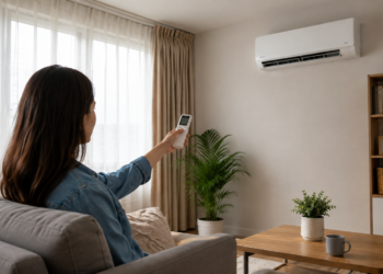 Mulher de cabelos longos liga ar-condicionado com controle remoto em sala decorada com plantas.