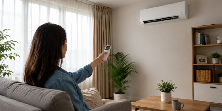 Mulher de cabelos longos liga ar-condicionado com controle remoto em sala decorada com plantas.