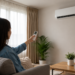Mulher de cabelos longos liga ar-condicionado com controle remoto em sala decorada com plantas.