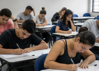 Jovens e adultos realizam prova do Encceja 2026 em sala de aula.