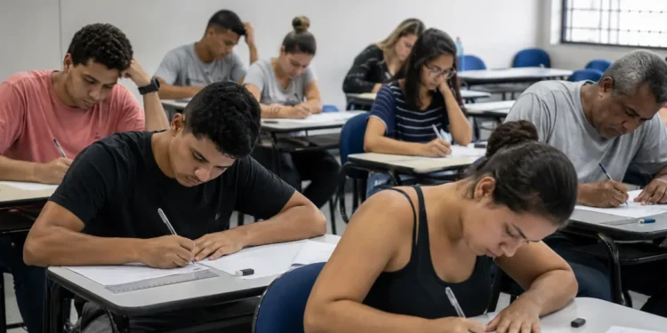 Jovens e adultos realizam prova do Encceja 2026 em sala de aula.