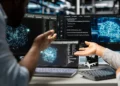 Profissionais analisam códigos e modelos de inteligência artificial em computadores durante desenvolvimento de soluções tecnológicas.