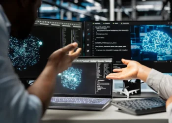 Profissionais analisam códigos e modelos de inteligência artificial em computadores durante desenvolvimento de soluções tecnológicas.
