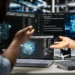 Profissionais analisam códigos e modelos de inteligência artificial em computadores durante desenvolvimento de soluções tecnológicas.