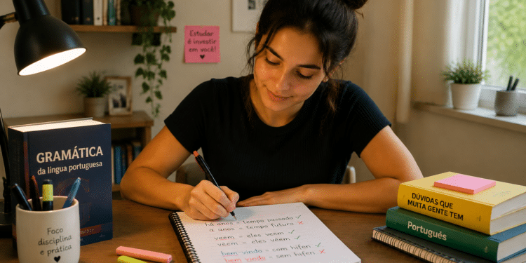 Jovem mulher escreve em caderno de gramática, rodeada de livros de português e post-its motivacionais.