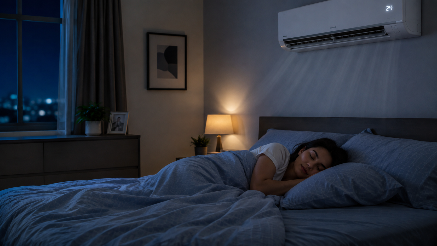 Jovem mulher dorme em cama azul sob ar-condicionado ligado marcando 24ºC, ambiente noturno aconchegante.