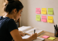 Mulher escreve em caderno ao lado de livros abertos e post-its de Direito Administrativo na parede.