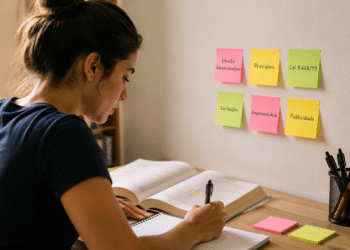 Mulher escreve em caderno ao lado de livros abertos e post-its de Direito Administrativo na parede.