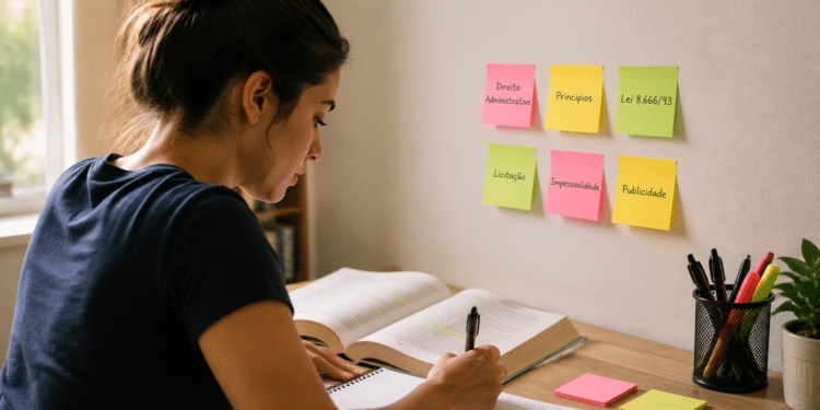 Mulher escreve em caderno ao lado de livros abertos e post-its de Direito Administrativo na parede.