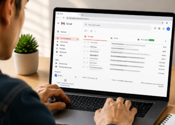 Homem mexendo em notebook exibindo Gmail aberto com e-mails recentes.