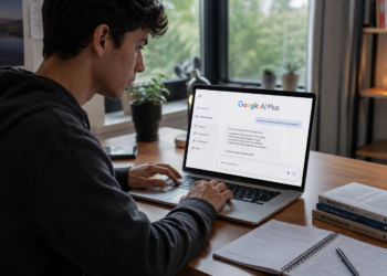 Jovem digitando em notebook com Google AI Plus na tela, livros sobre hábitos e anotações ao lado.
