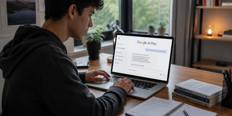 Jovem digitando em notebook com Google AI Plus na tela, livros sobre hábitos e anotações ao lado.