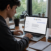 Jovem digitando em notebook com Google AI Plus na tela, livros sobre hábitos e anotações ao lado.