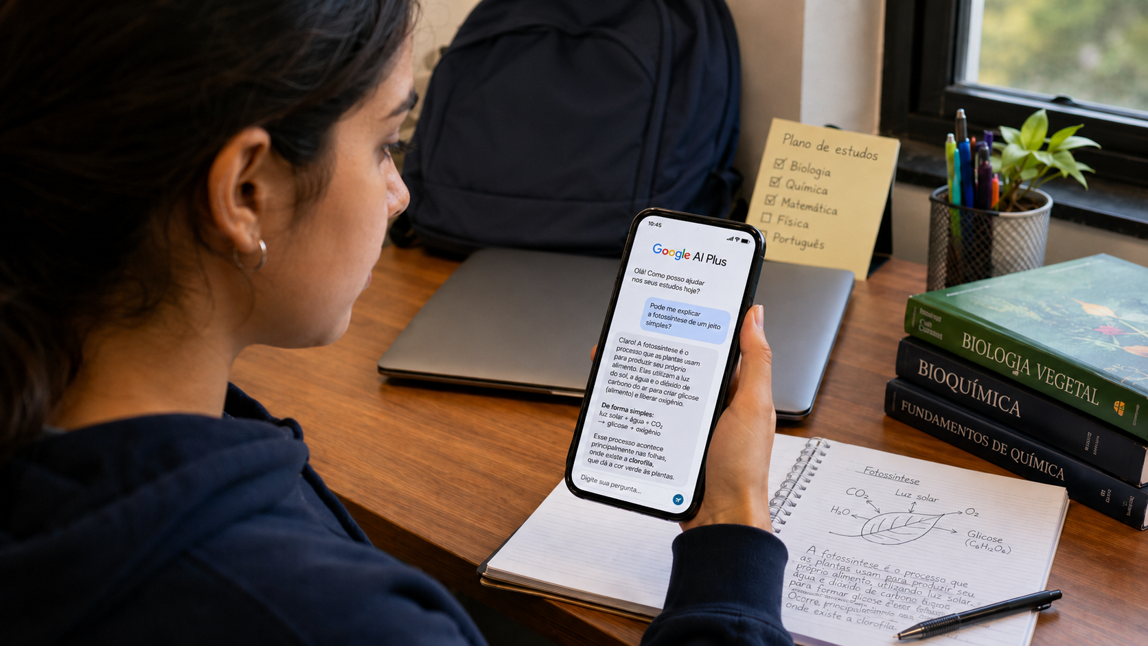 Jovem mulher consulta explicação sobre fotossíntese em app de IA no celular, com livros e anotações na mesa.