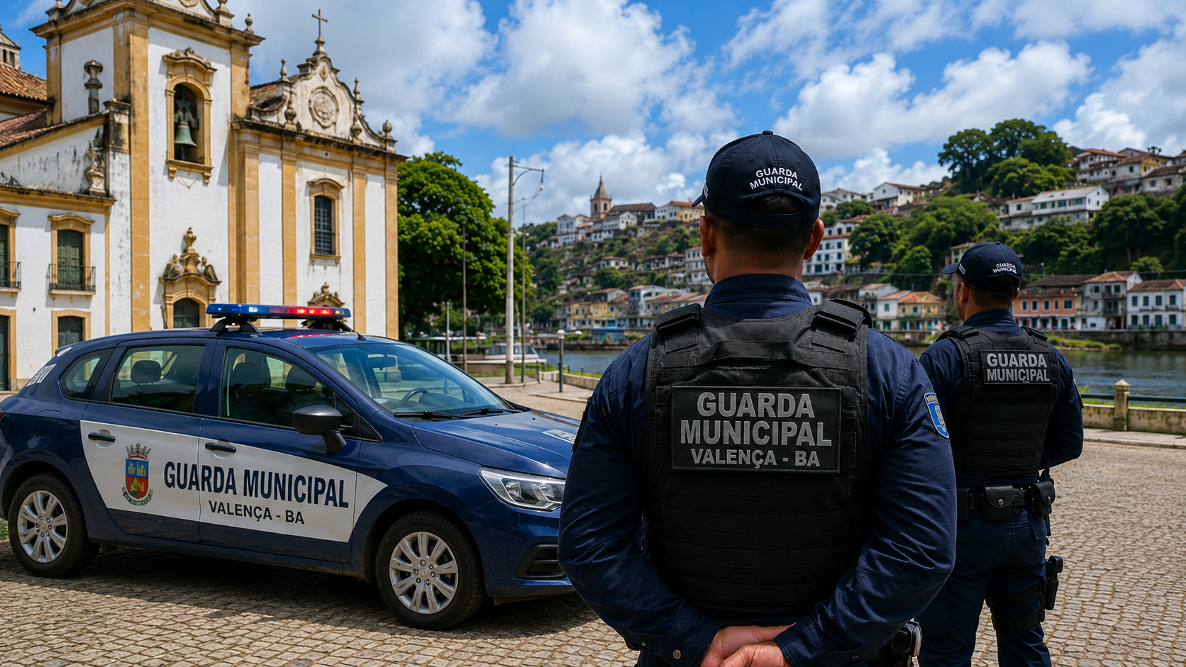 Dois agentes da Guarda Municipal uniformizados em pé, com viatura ao fundo e texto “CONCURSO” sobreposto.