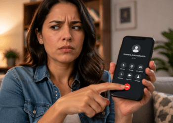 Mulher preocupada aponta para celular mostrando chamada de número desconhecido na sala.