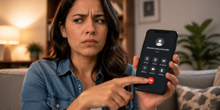 Mulher preocupada aponta para celular mostrando chamada de número desconhecido na sala.