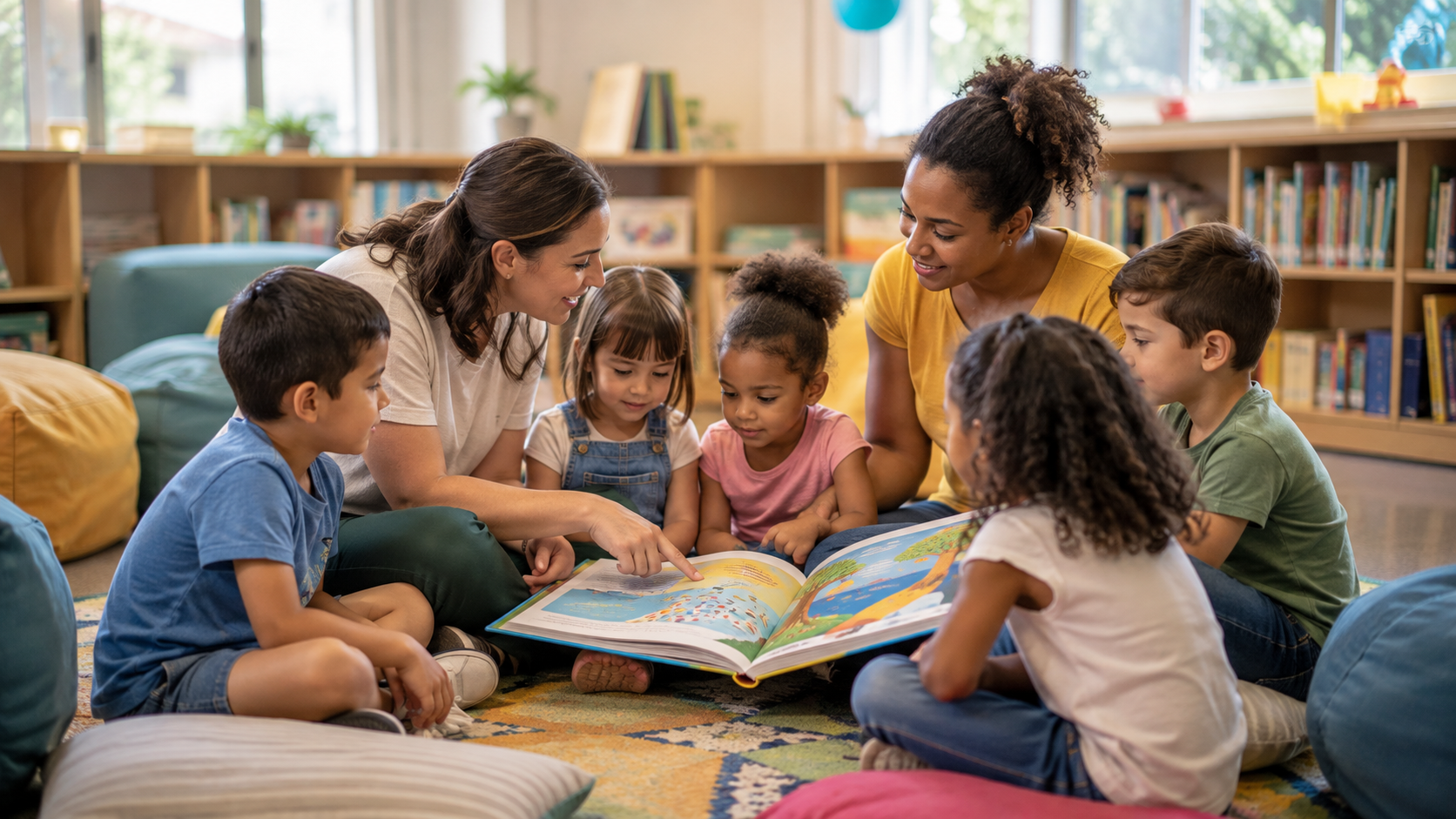 Grupo com duas mulheres e cinco crianças lendo livro ilustrado grande em círculo, ambiente de biblioteca escolar colorida.