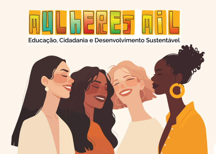 Ilustração de quatro mulheres diversas sorrindo juntas e logo do Mulheres Mil.