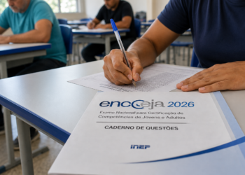 Pessoa escreve em folha ao lado de caderno Encceja 2026 em sala com outras pessoas ao fundo.