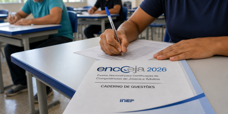 Pessoa escreve em folha ao lado de caderno Encceja 2026 em sala com outras pessoas ao fundo.