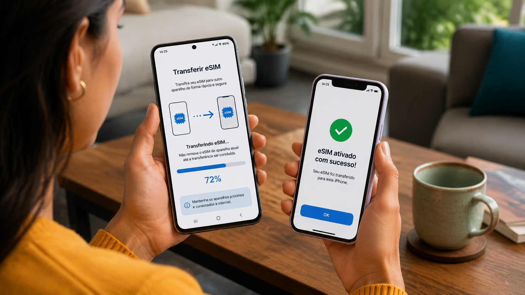 Mulher transfere eSIM de smartphone Samsung para iPhone com mensagem de sucesso na tela.