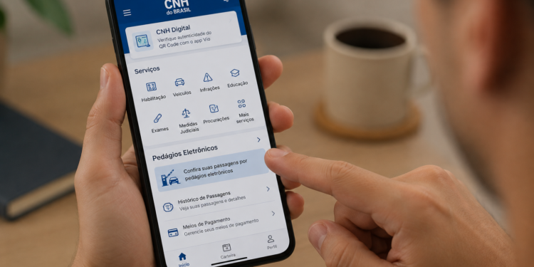 Pessoa usa aplicativo CNH do Brasil no celular com dedo tocando opção de pedágios eletrônicos.