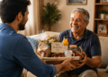 Homem mais velho sorrindo recebe cesta de café da manhã com cartão “Feliz Dia dos Pais!” de homem mais jovem.