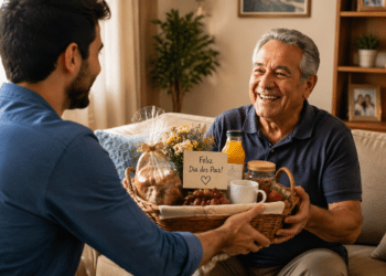 Homem mais velho sorrindo recebe cesta de café da manhã com cartão “Feliz Dia dos Pais!” de homem mais jovem.