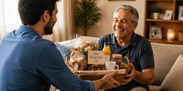Homem mais velho sorrindo recebe cesta de café da manhã com cartão “Feliz Dia dos Pais!” de homem mais jovem.