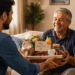 Homem mais velho sorrindo recebe cesta de café da manhã com cartão “Feliz Dia dos Pais!” de homem mais jovem.