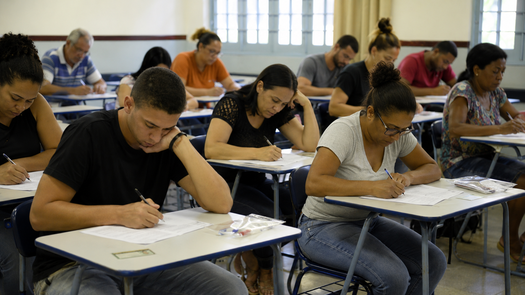 Pessoas adultas sentadas em carteiras preenchendo provas em sala de aula durante exame.