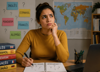Mulher pensa olhando para cima com caderno escrito "Qual idioma aprender?", livros e nomes de idiomas ao fundo.