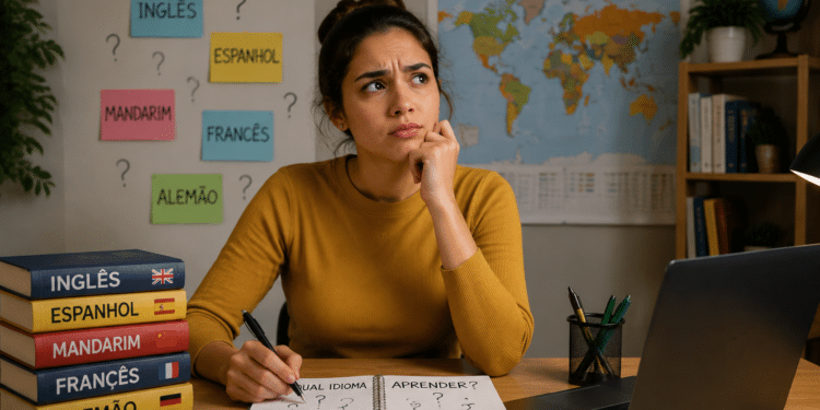 Mulher pensa olhando para cima com caderno escrito "Qual idioma aprender?", livros e nomes de idiomas ao fundo.
