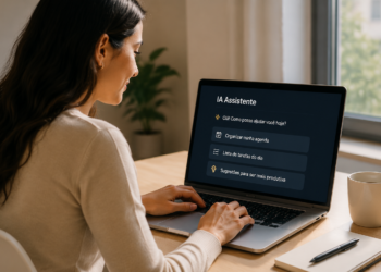 Jovem mulher interage com notebook exibindo IA Assistente, sentada em mesa com caneca e caderno.