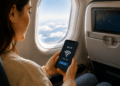 Mulher ativa Wi-Fi em celular sentado em avião com tela mostrando mapa de rota.