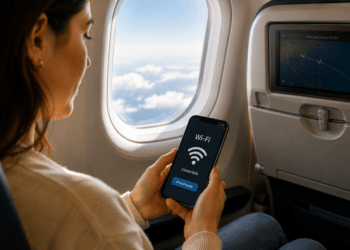 Mulher ativa Wi-Fi em celular sentado em avião com tela mostrando mapa de rota.