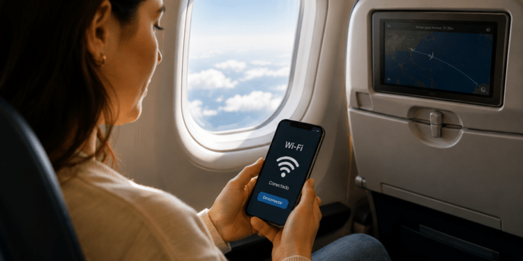Mulher ativa Wi-Fi em celular sentado em avião com tela mostrando mapa de rota.