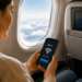 Mulher ativa Wi-Fi em celular sentado em avião com tela mostrando mapa de rota.