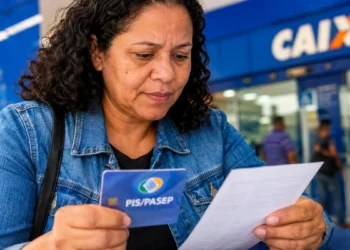 Mulher consulta cartão do PIS/Pasep e documento em frente a uma agência da Caixa