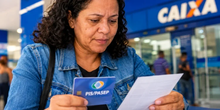 Mulher consulta cartão do PIS/Pasep e documento em frente a uma agência da Caixa