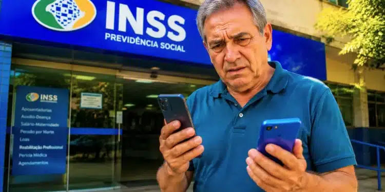 Homem idoso confere celulares em frente a uma agência do INSS, representando a manutenção do acesso ao Meu INSS após a troca de aparelho.