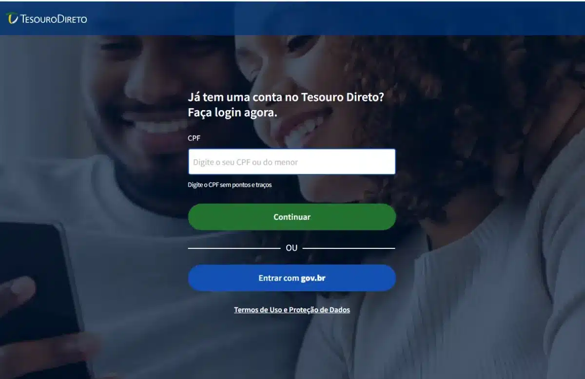 Acesso ao Portal do Investidor do Tesouro Direto Tela de login do Portal do Investidor do Tesouro Direto com acesso por CPF ou conta Gov.br.