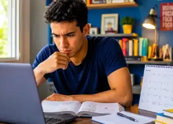 Jovem com expressão de foco olhando para o notebook, representando as ações que devem ser realizadas antes das provas do Encceja 2026.