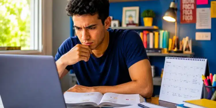 Jovem com expressão de foco olhando para o notebook, representando as ações que devem ser realizadas antes das provas do Encceja 2026.