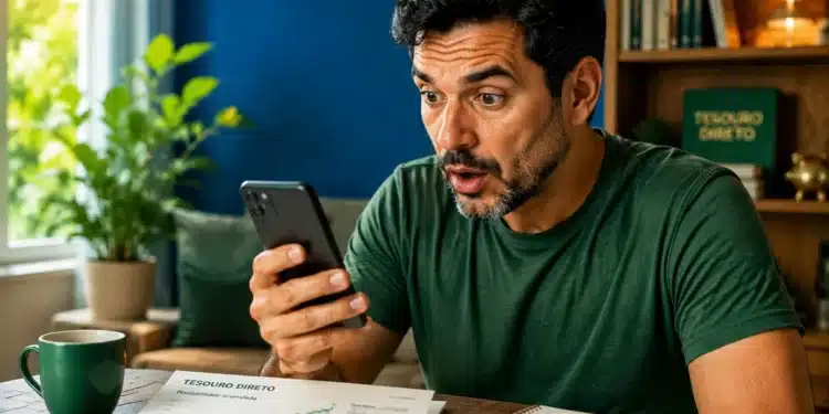 Homem acompanhando investimentos do Tesouro Direto pelo celular em ambiente doméstico