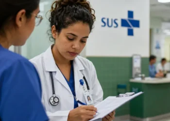 Médica preenchendo formulário em hospital, representando a adesão para novos programas de residência em saúde do MEC.