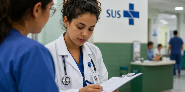 Médica preenchendo formulário em hospital, representando a adesão para novos programas de residência em saúde do MEC.