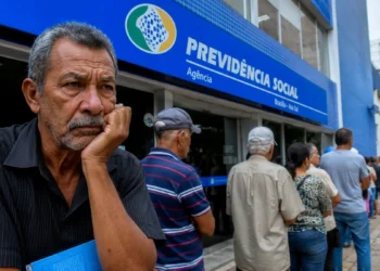 Homem aguarda atendimento diante de agência do INSS enquanto fila de beneficiários se estende pela calçada